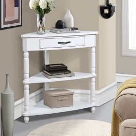 33.8'' Small Triangle Corner Table, Wood Corner Side Table for Small Spaces/ Living Room, 3 Tier End Corner Table with Solid Wood Legs, Milk Whit