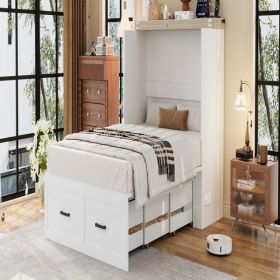 Full Size Farmhouse Murphy Cabinet Bed with Charging Station, Foldable Platform Bed with Large Storage Drawer for Guest-Room, Small Bedroom, Whit