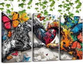Framed 3pcs Graffiti Holding Hands Love Heart Canvas Wall Art Fashion Love Poster Painting Prints For Home Dining Room Living Room Wall Decor Art (Option: 32x24inch)